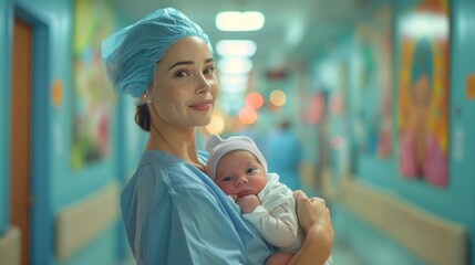Experienced midwife holds newborn, warm hospital setting with blurred medical equipment, highlighting professional childbirth care. international midwives' day