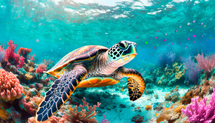 Contemporary digital colorful artistic illustration of turtle swimming in the seabed. World Turtle Day. Copy space.