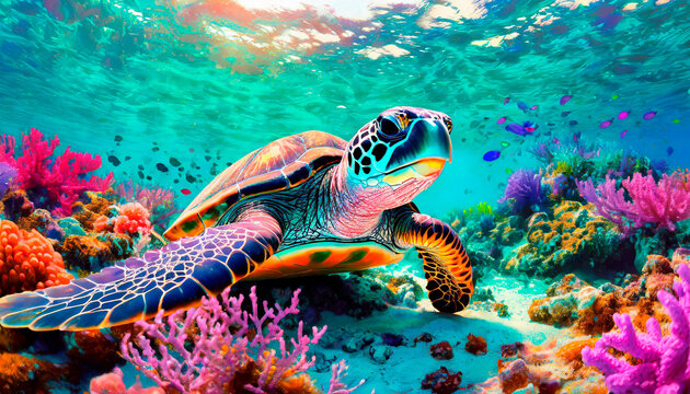 Contemporary digital colorful artistic illustration of turtle swimming in the seabed. World Turtle Day. Copy space.