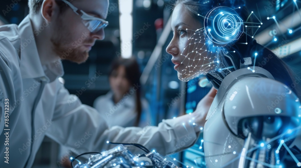 Aufkleber Engineers Calibrating Advanced Robot in High-Tech Laboratory