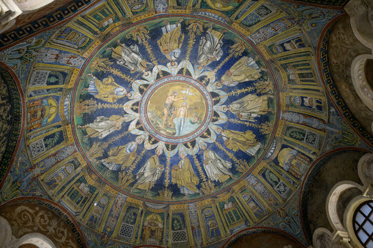 The ceiling mosaic of Orthodox Baptistery. Ravenna, Italy