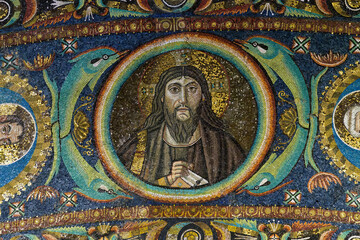 Mosaic of Jesus Christ from the arch of presbytery of basilica of San Vitale in Ravenna - obrazy, fototapety, plakaty