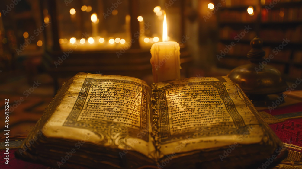Poster an open book resting on a surface with a lit candle flickering in the background, casting a warm glo