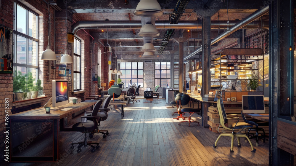 Poster a room filled with multiple desks and numerous windows, creating a bright and spacious environment f