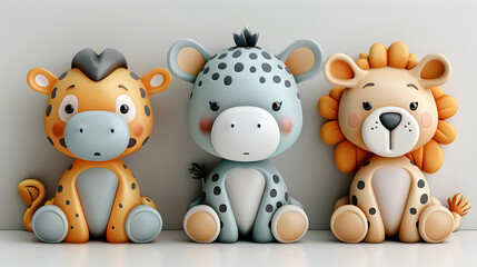 Cutout set of 3 cartoon animal toys characters isolated on transparent background