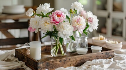 Wooden tray with white and pink peonies in vases placed on the dining table for lunch. Soft lighting highlights the delicate petals of these elegant flowers, creating a warm atmosphere