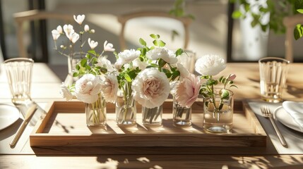 Wooden tray with white and pink peonies in vases placed on the dining table for lunch. Soft lighting highlights the delicate petals of these elegant flowers, creating a warm atmosphere