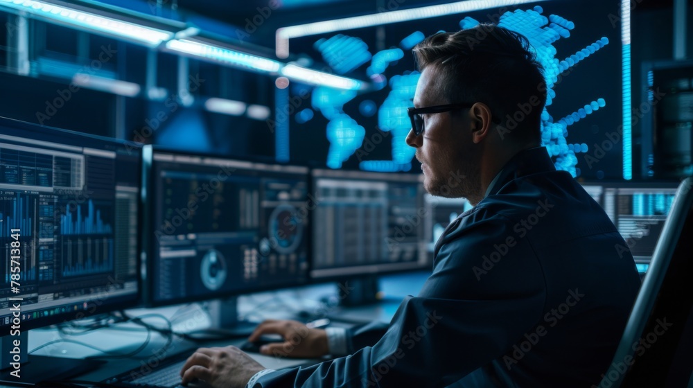 Poster Cybersecurity Expert Monitoring Network Activity in Control Room