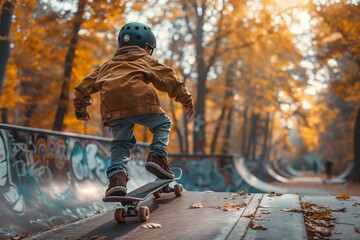 Young skateboarder in motion at autumn park