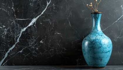 blue textured ceramic vase on black marble background with copy space - obrazy, fototapety, plakaty