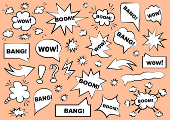 Cartoon retro comic style speech bubbles set. Hand drawn pop art, vintage speech clouds, thinking bubbles, and conversation text elements. Vector illustration