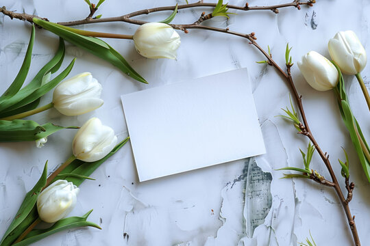 spring mockup with white tulips and blank card on painted textured background