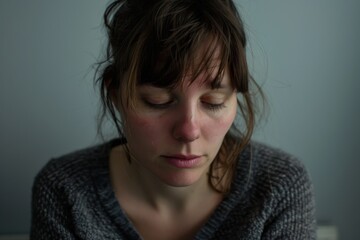 Portrait of a young woman with a tear-stained face, looking down with a reddened complexion and an expression of deep sorrow and sadness.