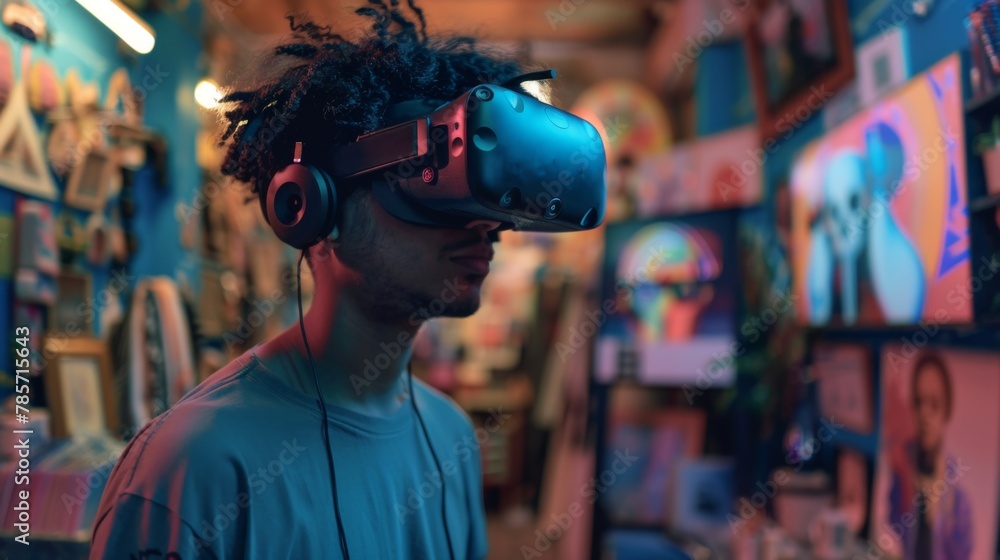 Poster man trying virtual reality headset in store