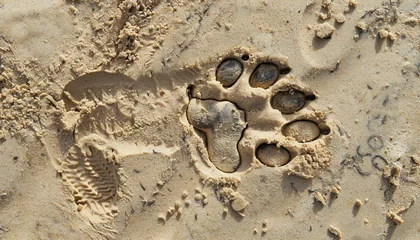 Fotobehang classic pet paw print imprint in sandy beach texture with natural sunlight © Klay