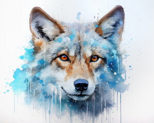 wolf head with blots and streaks of blue watercolor paint
