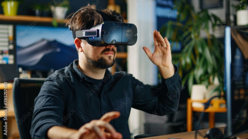 Poster Man Experiencing Virtual Reality in Office Setting