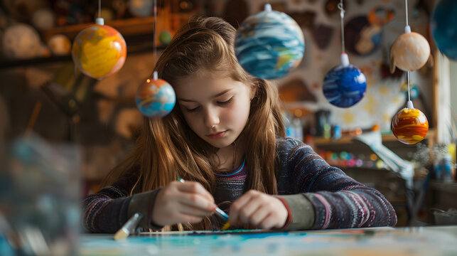 A young girl creating a solar system mobile for her school project carefully painting each planet.