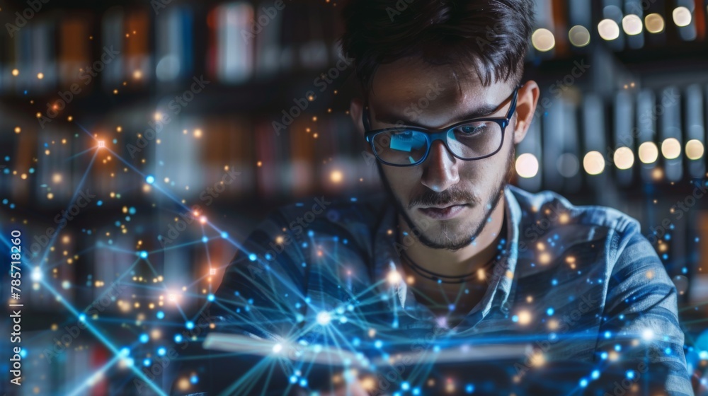 Poster young man engaged in computer work with network visualization