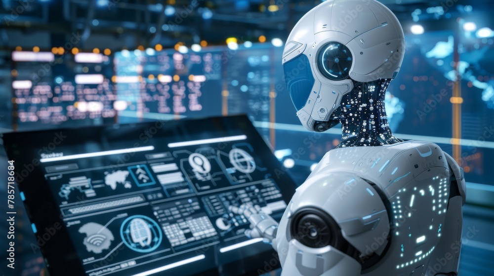 Aufkleber Robot Analyzing Computer Screen in Room