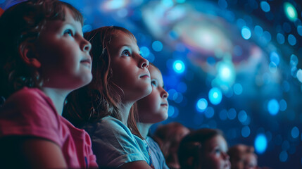 Children at a planetarium watching a show about galaxies absorbed in the experience.
