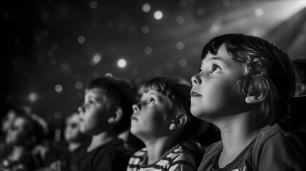 Children at a planetarium watching a show about galaxies absorbed in the experience. - obrazy, fototapety, plakaty