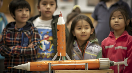 Children at a science fair presenting their project on rocket propulsion complete with a homemade rocket model. - obrazy, fototapety, plakaty