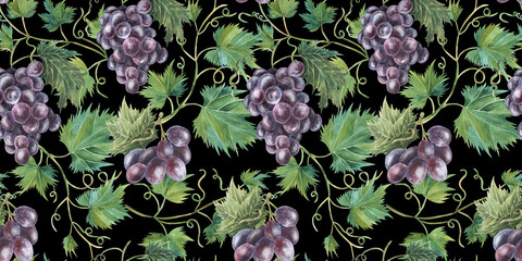 Obraz premium A bunch of violet purple grapes and leaves. Watercolor seamless pattern on white background. For fabric, packaging paper, scrapbooking, product packaging design. hand drawn illustration. Black