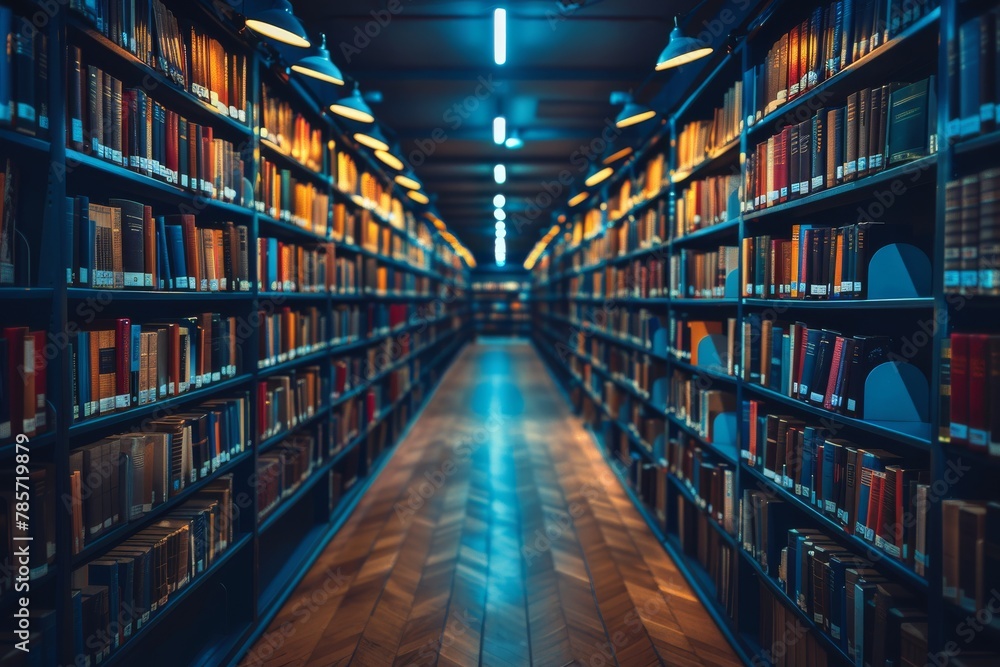 Aufkleber modern library setting with neatly organized, well-lit bookshelves creating a calm and intellectual 