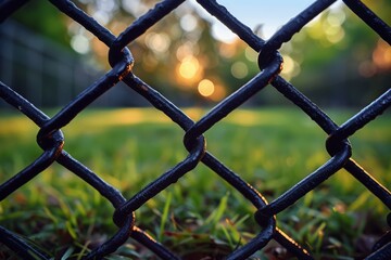Close-up shot of a metal chain link fence with a blurred sunset background, symbolizing boundaries or obstacles - Powered by Adobe