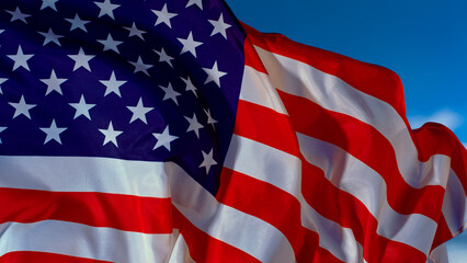 Closeup of American flag on black background, freeze motion