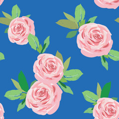 Pink rose flowers, green leaves, blue background. Floral illustration. Vector seamless pattern. Botanical design. Nature garden plants. Summer 