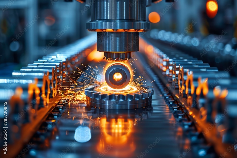 Poster an intense image showing sparks flying from a metalworking precision machining process in a modern i