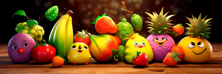 Banner with fruits. Appetizing juicy fresh tropical fruits. Hilarious cartoon food with faces. Funny header for website, store, children's theme