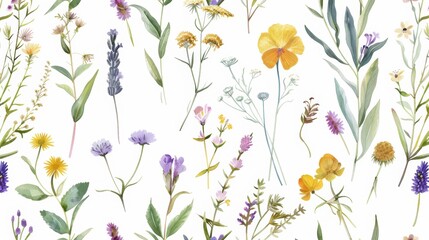 watercolor illustration, botanical print of wild flowers on a white background, pattern for textiles