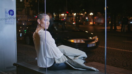Girl sitting bus stop late evening. Short hair woman waiting public transport