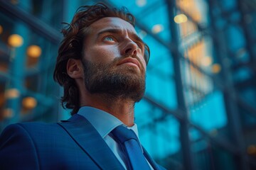 Portrait of a headless male in a business suit set against a backdrop of skyscrapers - obrazy, fototapety, plakaty