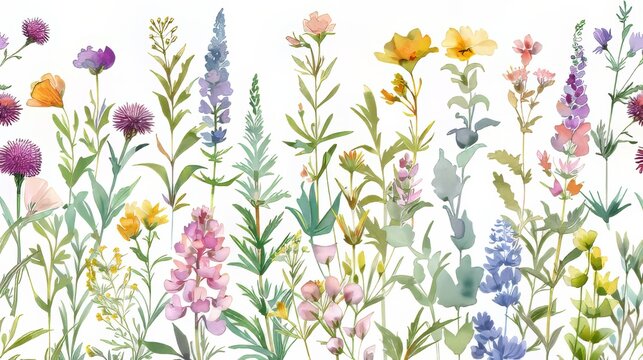 watercolor illustration, horizontal botanical print of wildflowers on white background