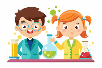 Kids with chemistry flask, white background, cartoon illustration, copy space