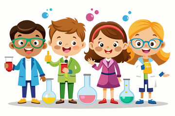 Kids with chemistry flask, white background, cartoon illustration, copy space
