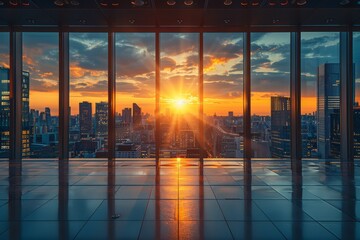 Stunning view of a city skyline bathed in the colors of sunset, seen through a modern office window