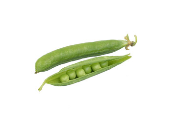Open and closed pods of fresh ripe green pea on isolated on white background