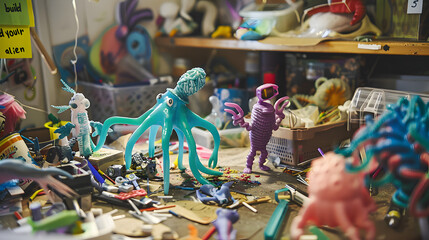 Kids participating in a build your own alien workshop using various materials to create extraterrestrial creatures. - obrazy, fototapety, plakaty