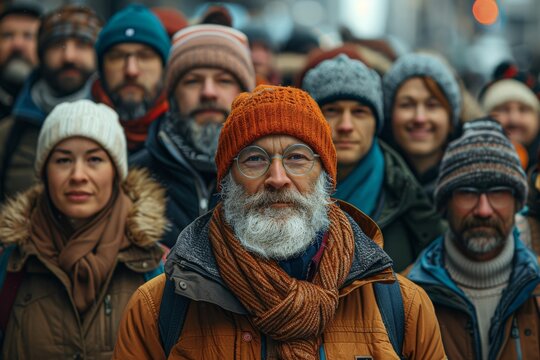 The image captures a group of diverse individuals, focusing on an older man in winter apparel among a crowd
