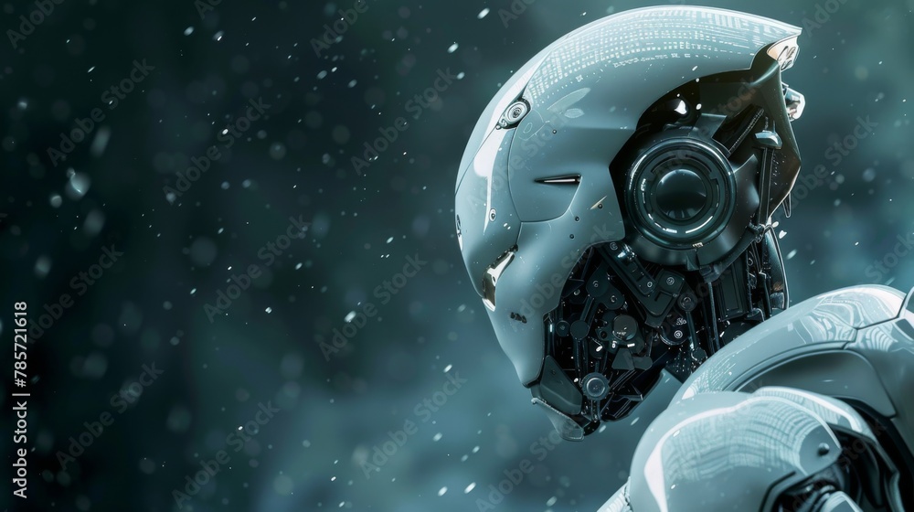 Poster close-up of futuristic robot head in snowfall