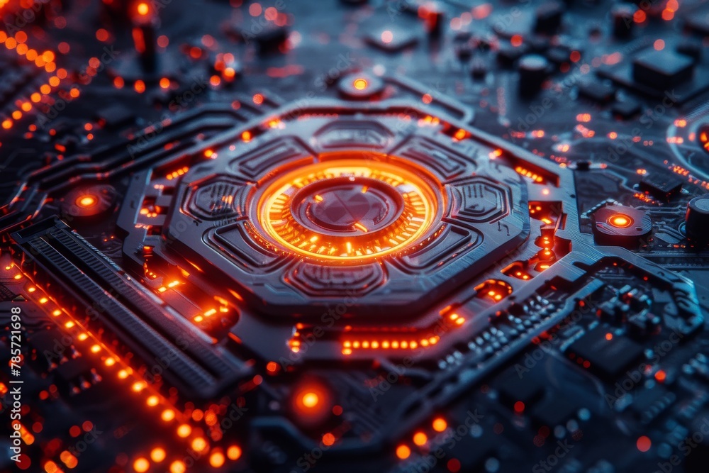 Poster a futuristic concept of a glowing hexagonal shaped circuit with orange light illuminating the intric