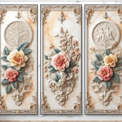 Elegant Floral and Ornamental Bas-Relief Panels Depicting Nature and Artistry