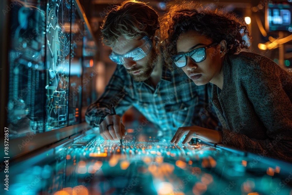 Poster Two individuals intensely focused on a high-tech project with glowing interactive panels in a modern lab setting