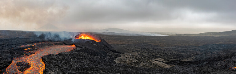 Beautiful aerial panoramatic view of active volcano, Litli - Hrutur, Iceland 2023
