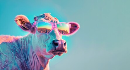 The cow with sunglasses is enjoying a sunny day.